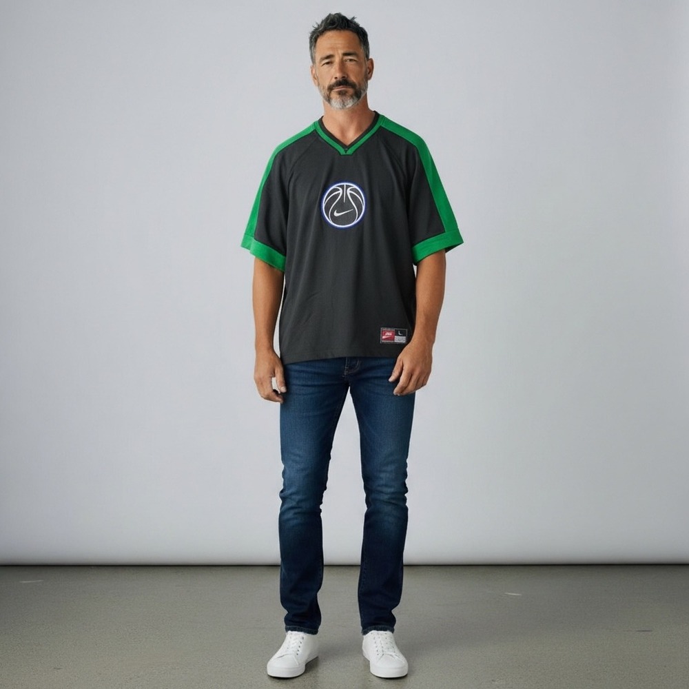 Vintage Nike Team Sports Basketball Jersey Black‎ Green Swoosh 92271 Mens Large